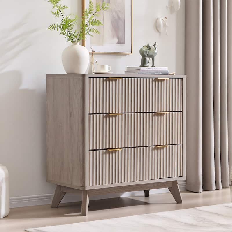 Modern fluted 3 Chest of Drawers, Dresser for Bedroom, Living Room - White Alder