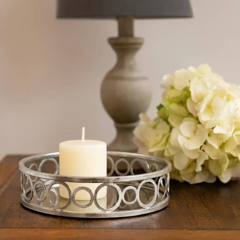 Round Metal Tray Set of 2 with Geometric Mirror Panel Inserts, Silver