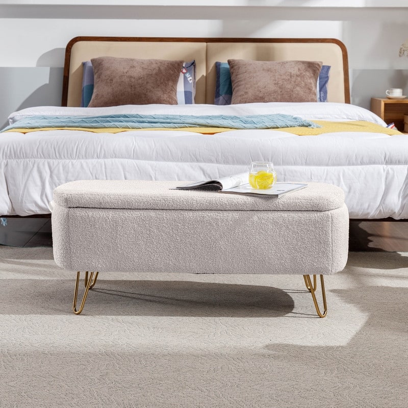 Modern Fuzzy Storage Bench, Upholstered Ottoman with Storage Space
