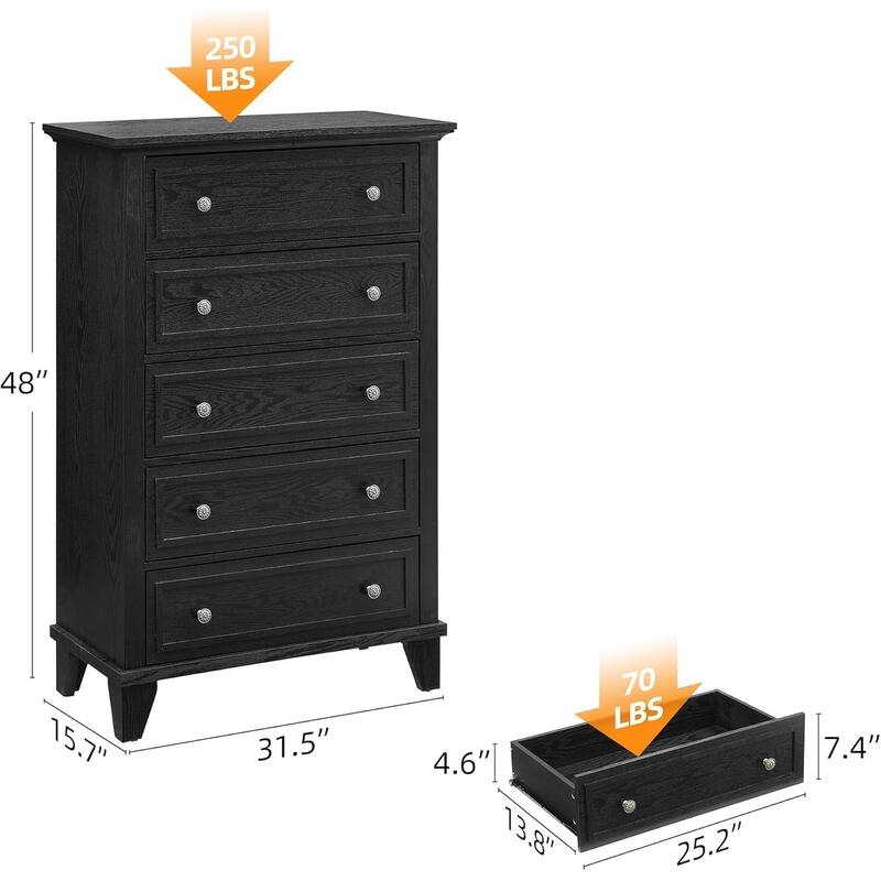 Tall Dresser for Bedroom with 5 Drawers, Chest of Drawers with Ample Storage for Closet, Living Room or Hallway