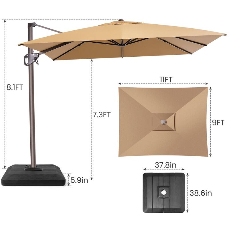 Outdoor 11 x 9 FT Patio 360 Degree Rotation Cantilever Umbrella with 4-Piece Umbrella Base