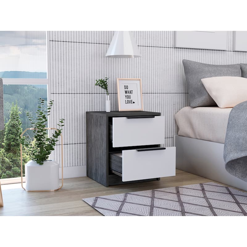 Kaia Nightstand, Two Drawers, Metal Handle -Smokey Oak / White