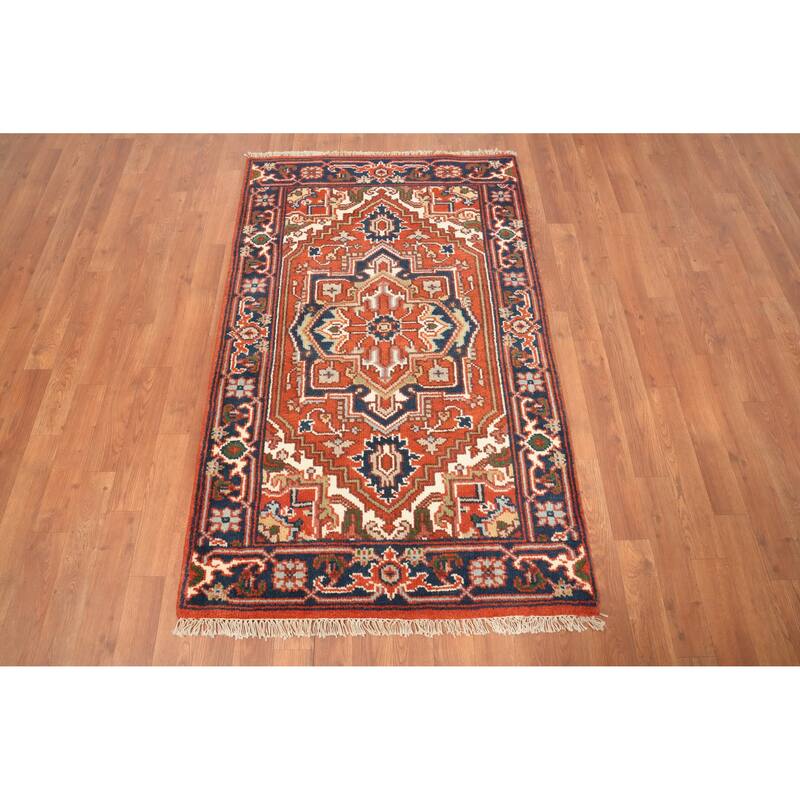 Hand Knotted Oriental 100% Wool Carpet Traditional Geometric Oranges & Rust Heriz (serapi) Area Rug - 4' 11'' X 3' 0''