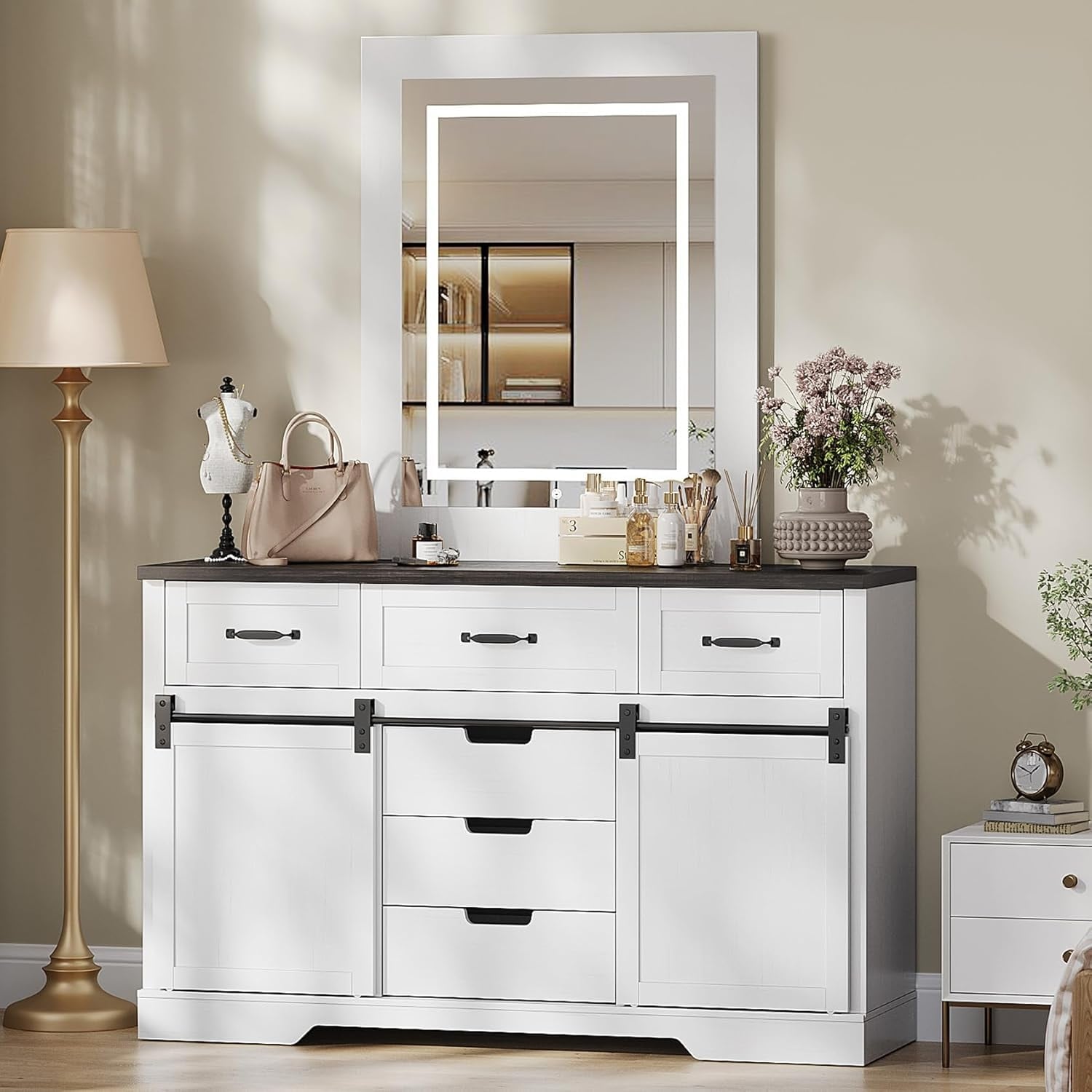 6 Drawers Dresser with Mirror for Bedroom, Makeup Vanity with Light Mirror and Sliding Barn Doors