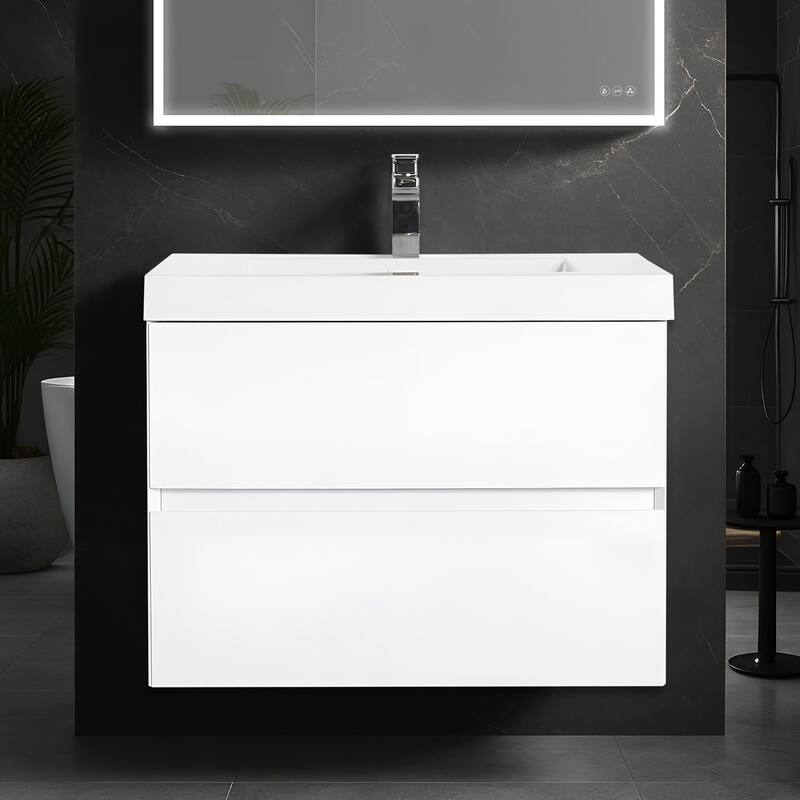 Blossom 30 Inch All Wood Wall Mounted Floating Bathroom Vanity with Sink - Glossy White - 30" Acrylic Sink