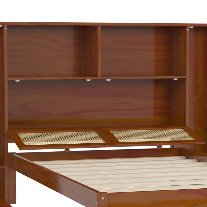 Twin Size Wooden Bed with Two Storage Lockers, Drawer, and Storage Shelf on Headboard, Platform Bed with Natural