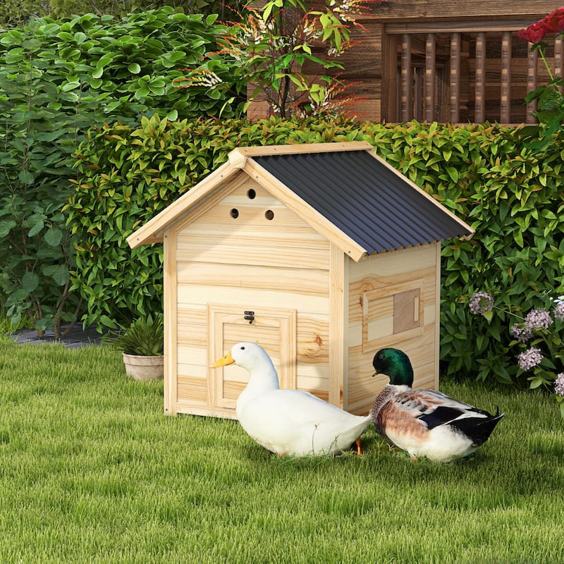 PawHut Duck Coop, Wooden Duck House, Outdoor Small Animal House with Openable Roof, Double Doors, Removable Base