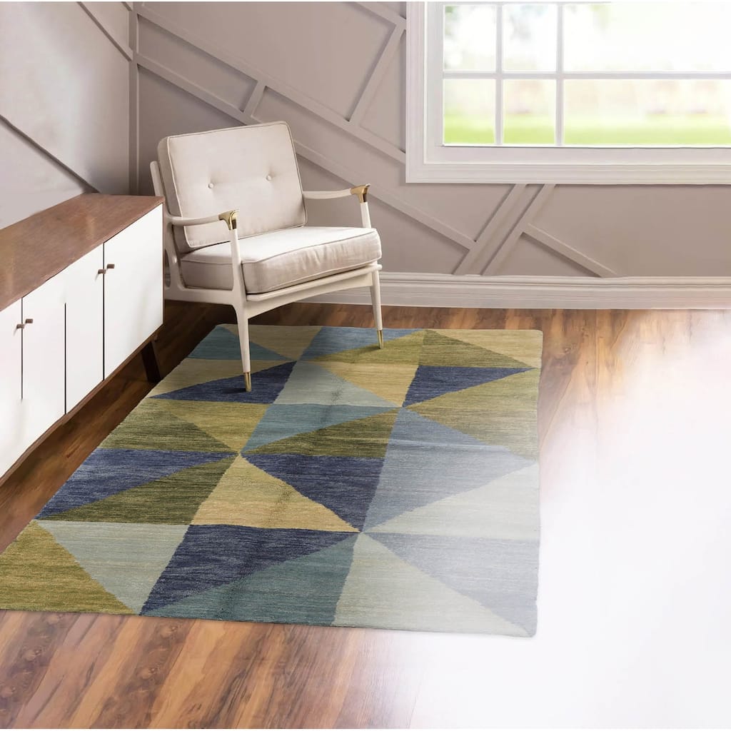 Hand Knotted Blue, Green Tibetan Wool Traditional Oriental Area Rug - 4' 1'' x 5'