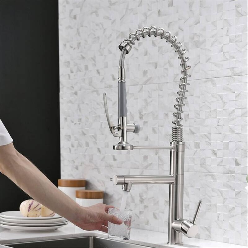 Commercial Pull Down Kitchen Sink Faucet Brushed Nickel Modern Single Handle Kitchen Faucets With Sprayer One Hole Basin Taps - Brushed Nickel