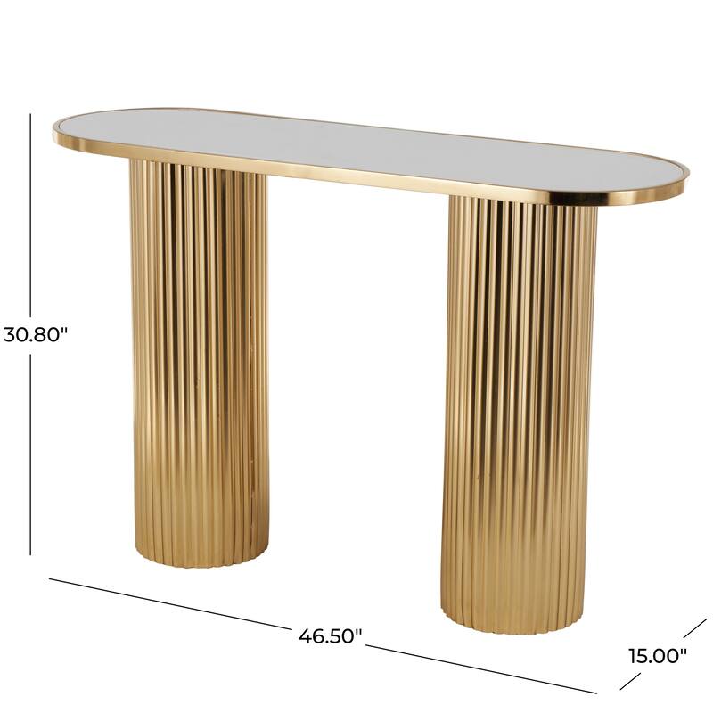 Metal Oval Console Table with White Marble Tabletop and Ribbed Legs - Gold - Roche River Decor - 15"W x 47"L x 31"H