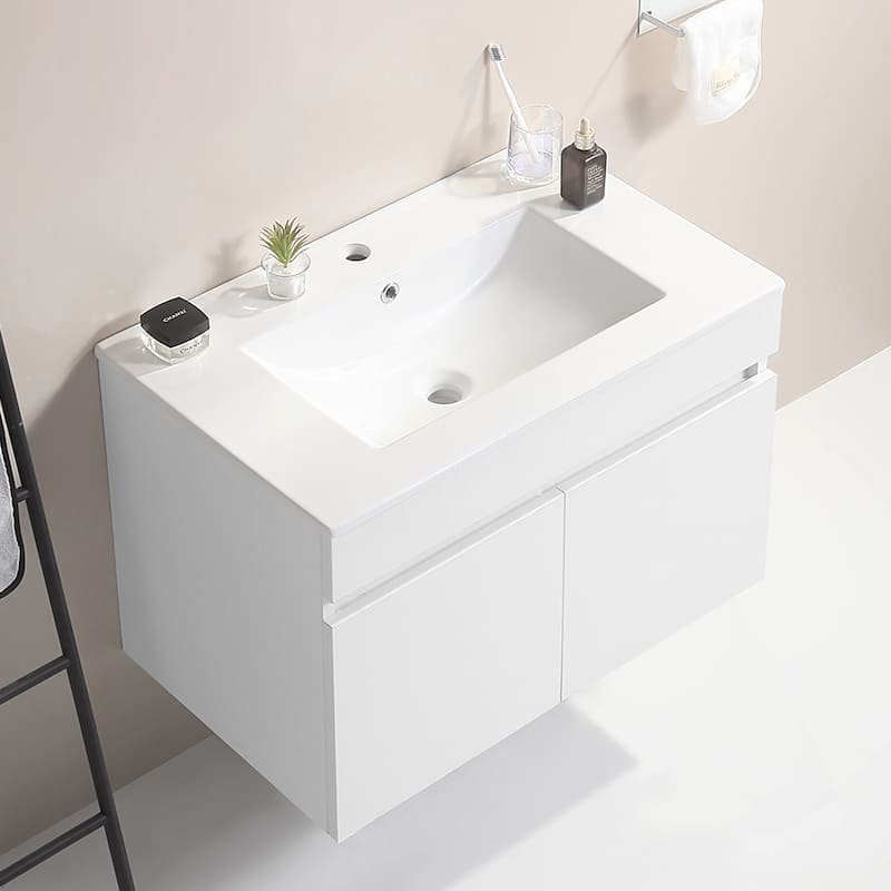 30 in. W x 19 in. D x 20 in. H Wall Mounted Bathroom Vanity with White Ceramic Basin,Two Soft Close Cabinet Doors