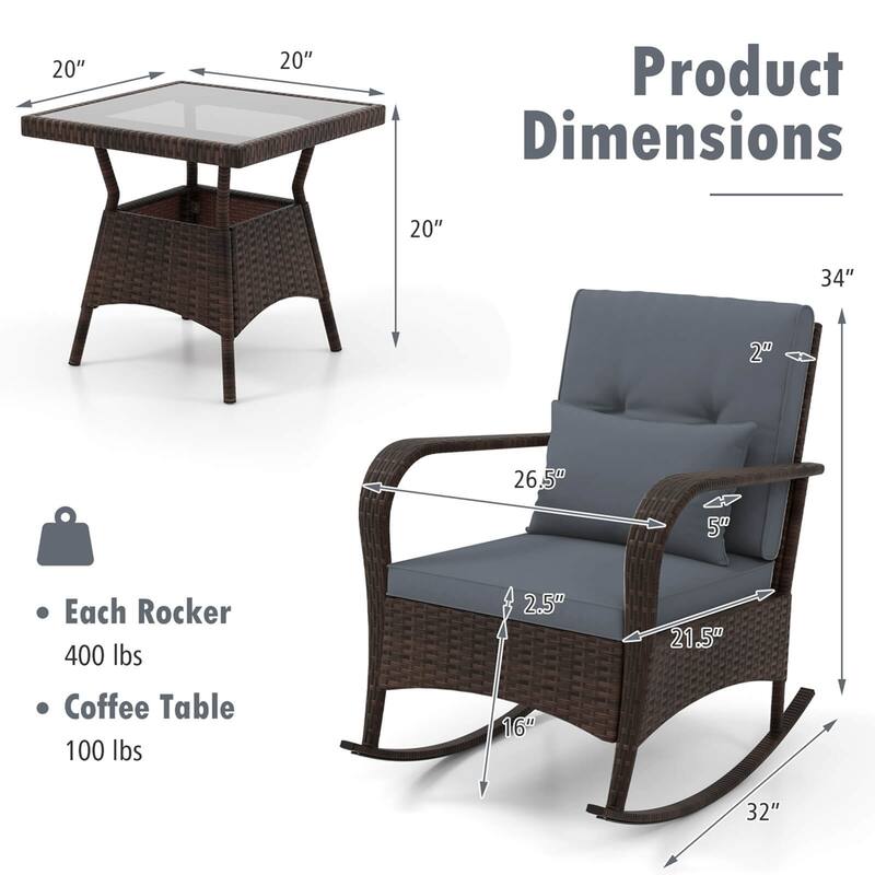Costway 3 PCS Rocking Bistro Set with Removable Cushions & Tempered - See Details