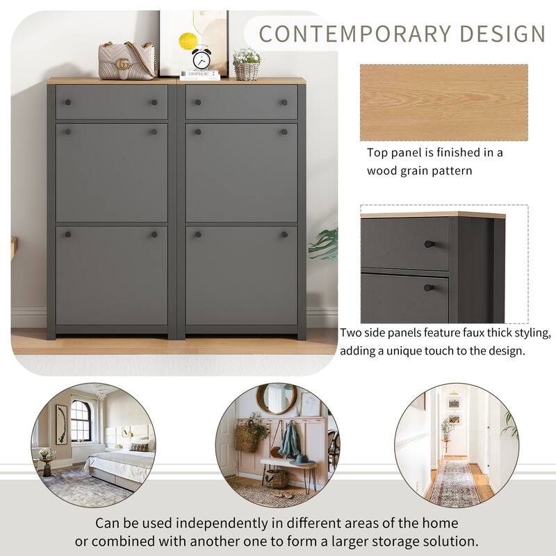 Slim Tipping Shoe Cabinet Set with 4 Drawers, Wood Top Shoe Storage Organizer w/ Adjustable Panel, Shoe Rack for Hallway