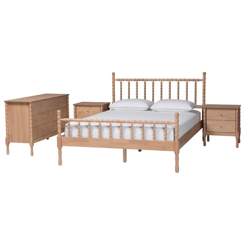 Laurent Bamboo-Style 4-Piece Bedroom Set - Spindle Platform Bed with Matching Dresser, Chest, and Nightstand, Queen - 4 Piece - Beech Brown, 4-Piece (Dresser, Two Nightstands)