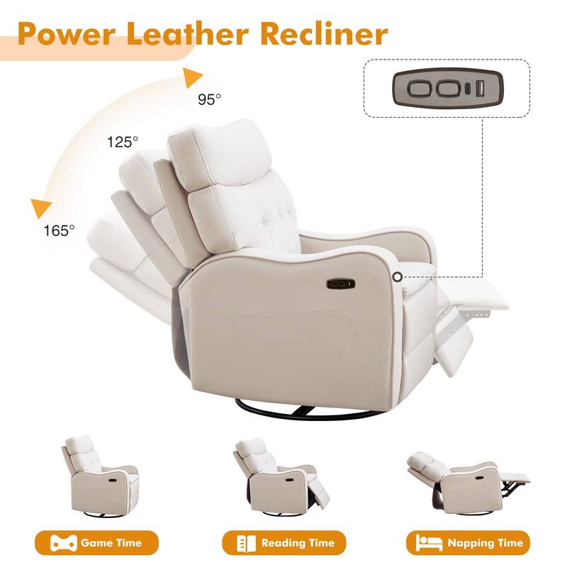 36.6''W Faux Leather Power Swivel Rocker Recliner With USB and Type-C Port