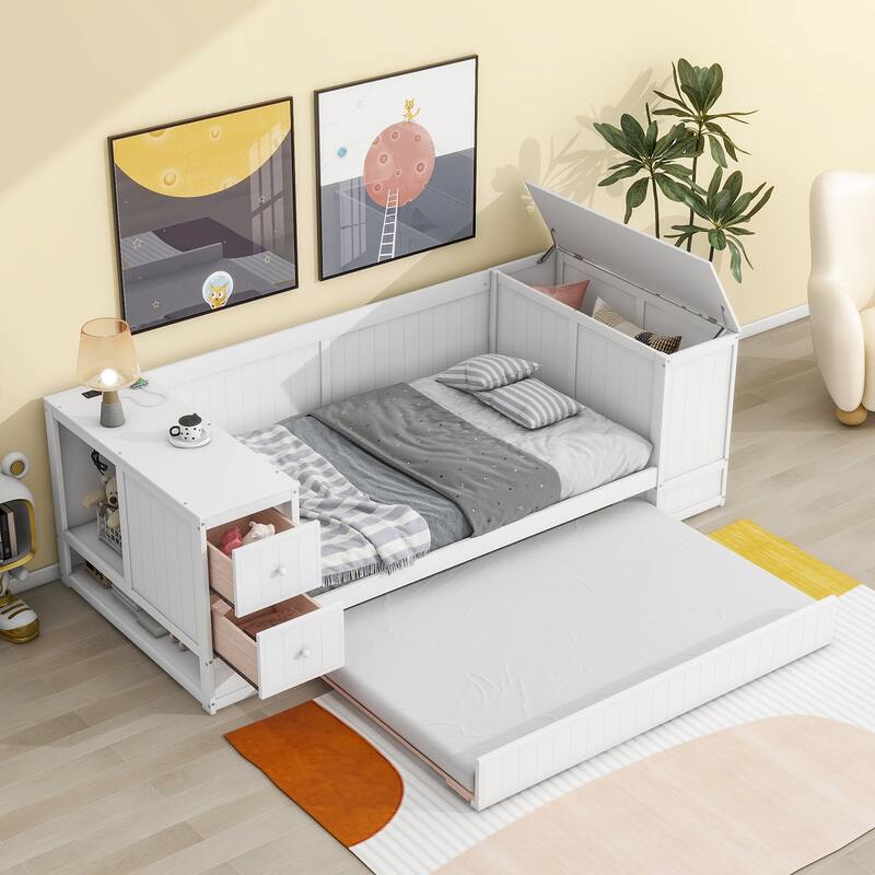 Twin Size Daybed with Storage, Trundle, and Charging Station in White