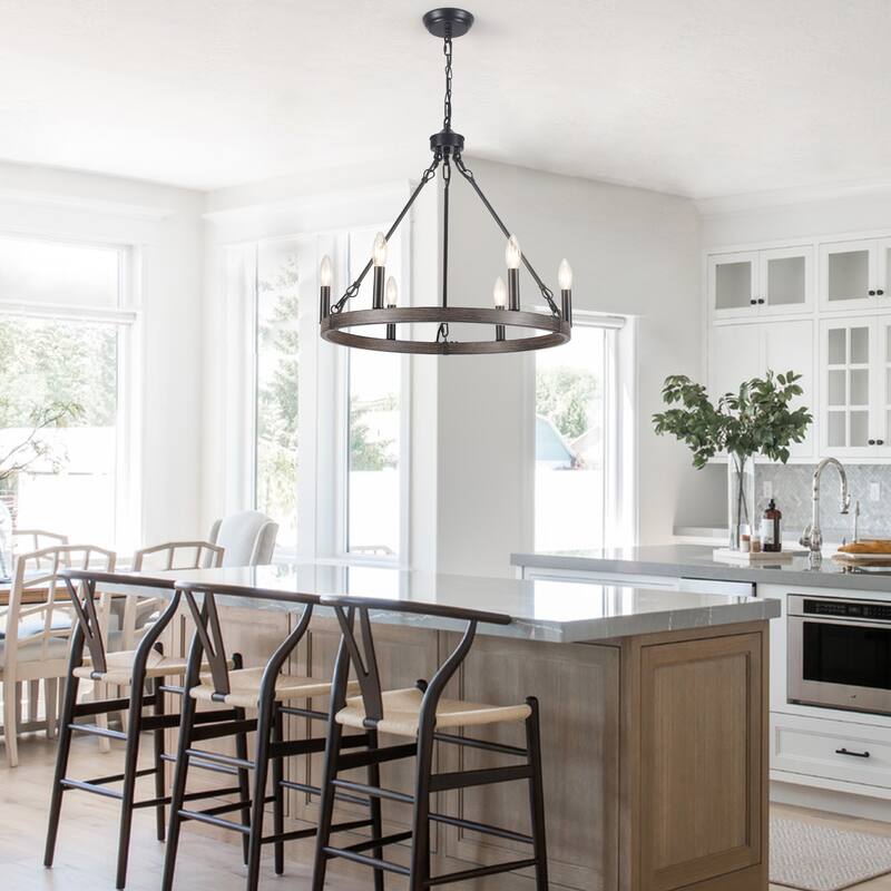 22.04 in. 6-Light Black Rustic Farmhouse Chandelier, Wagon Wheel Chandelier for Dining Room Living Room Bedroom Kitchen