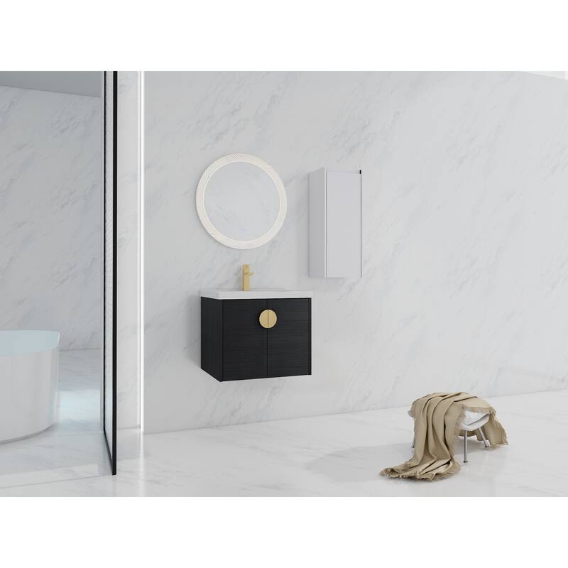 28" Floating Bathroom Vanity with Ceramic Sink, Soft-Close Doors, Wall-Mounted Side Cabinet, Black Chestnut