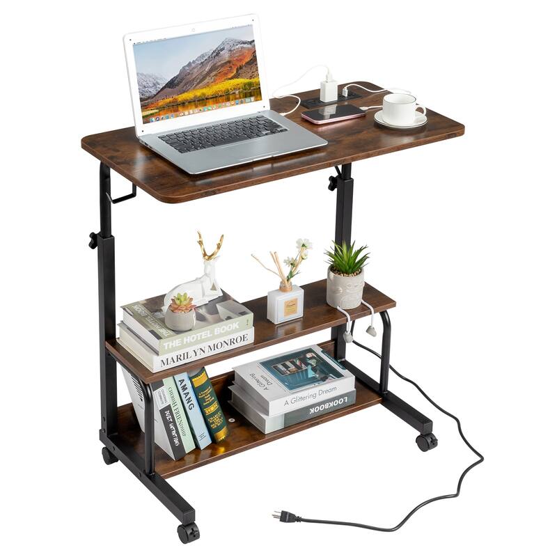Adjustable Height Computer Desk with USB Ports and AC Outlets for Home Office and Study Workspace - Brown