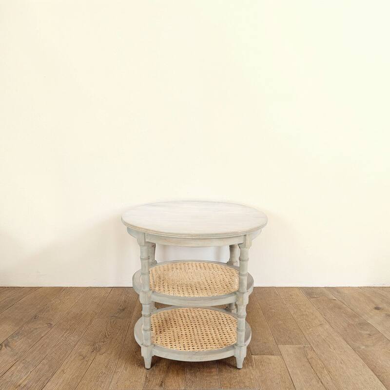 Round Mango Wood Table with 2 Cane Shelves