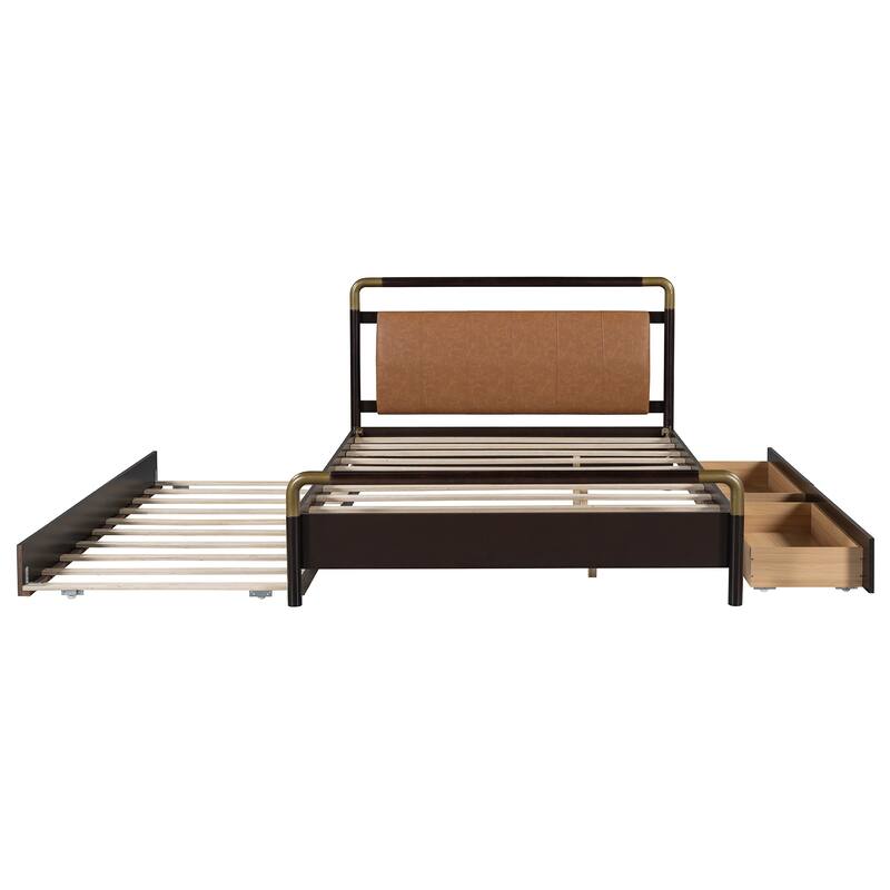 Modern Queen Platform Bed with Soft PU Leather Backrest, Trundle & Storage Drawers, White/Walnut Finish
