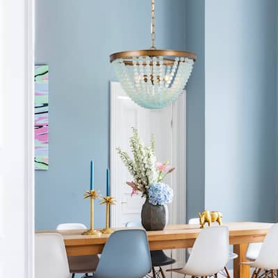 Coastal Beach 3-light Beads Chandelier Mid-century Modern Boho Blue White Pendant Lights - D15.7"*H11.5"