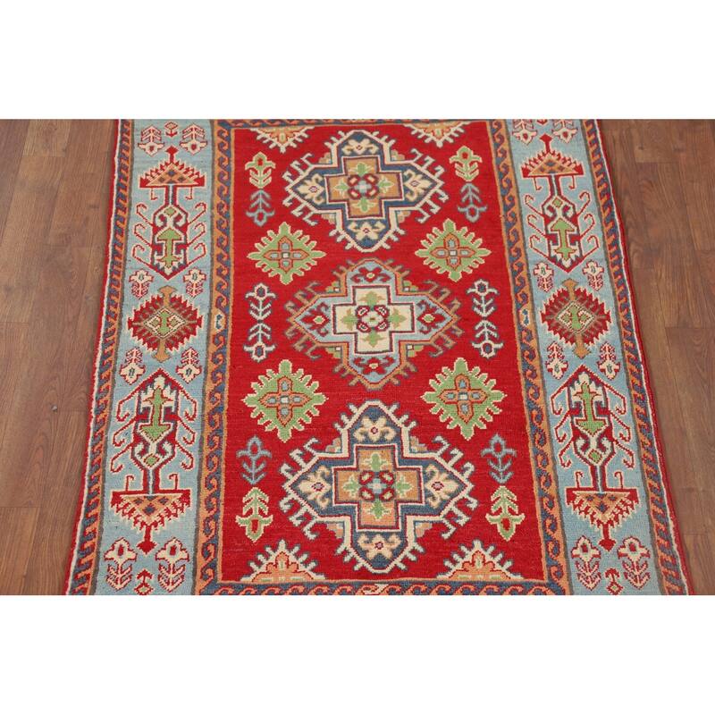 Geometric Red Kazak Accent Rug Hand-Knotted Wool Carpet - 3'2" x 4'11"