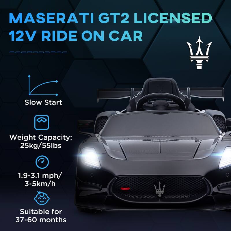 12V Maserati GT2 Licensed Ride-On Car for Kids with Remote Control, Horn, Music, Shock Absorbers & LED Lights - Black