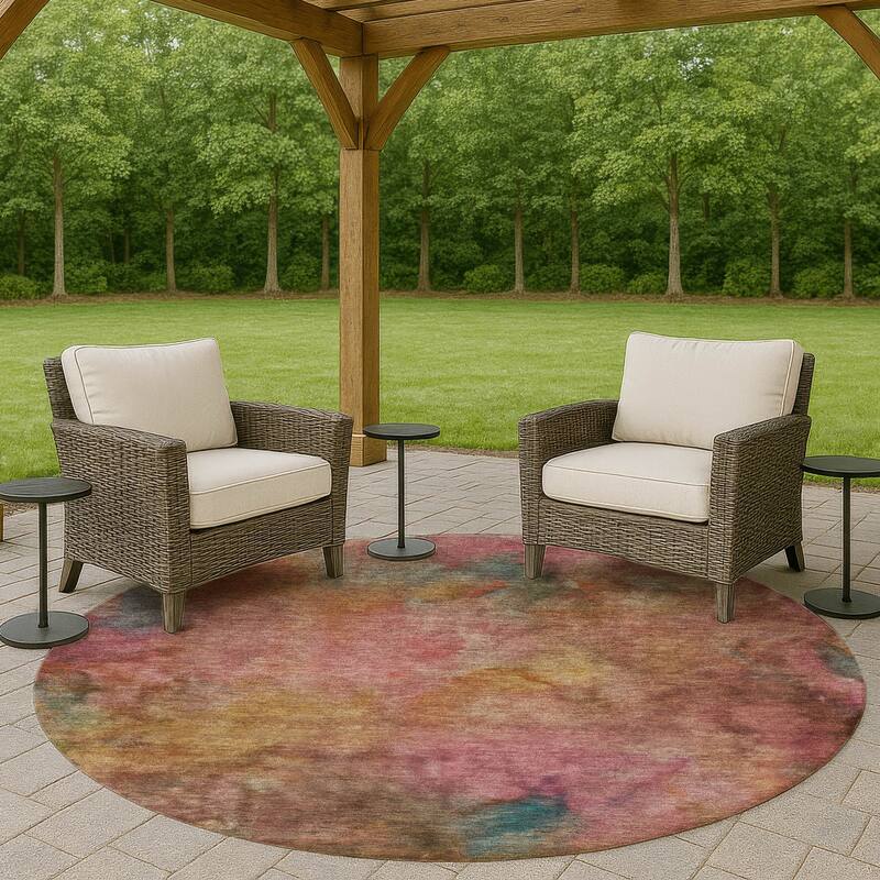 Machine Washable Indoor/ Outdoor Abstract Contemporary Chantille Rug - Pink - 8' x 8'