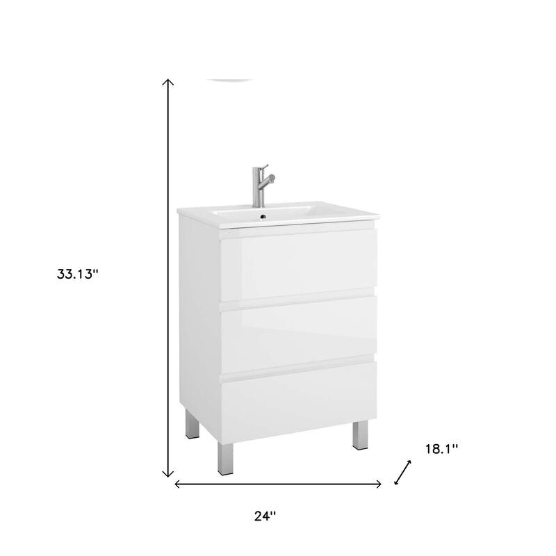 HomeRoots 24" White Wood Freestanding Bathroom Vanity With White Sink And Three Drawers - 24.00 in. x 33.13 in. x 18.10 in.