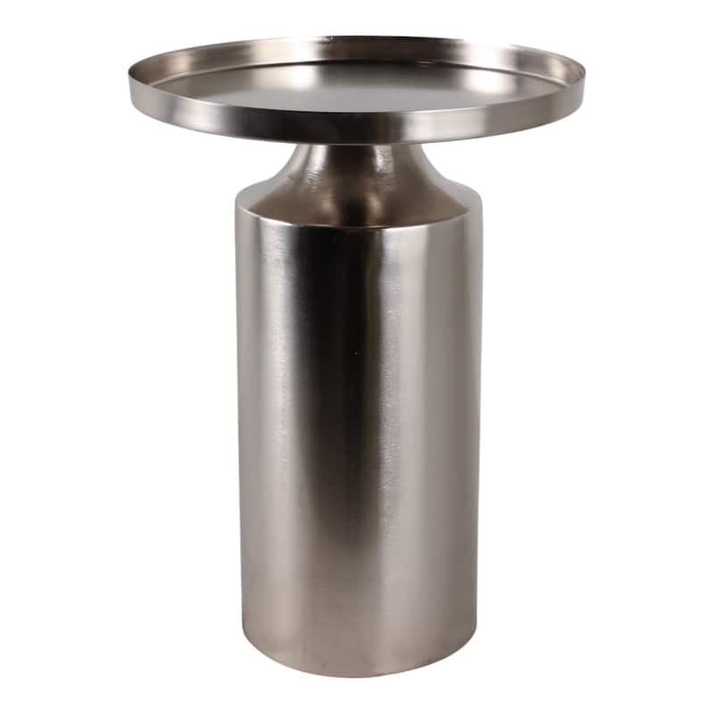 Iron Side Table Cylindrical Base Round Tray Top Narrow - 19" Silver - 14" x 14" x 19.25"