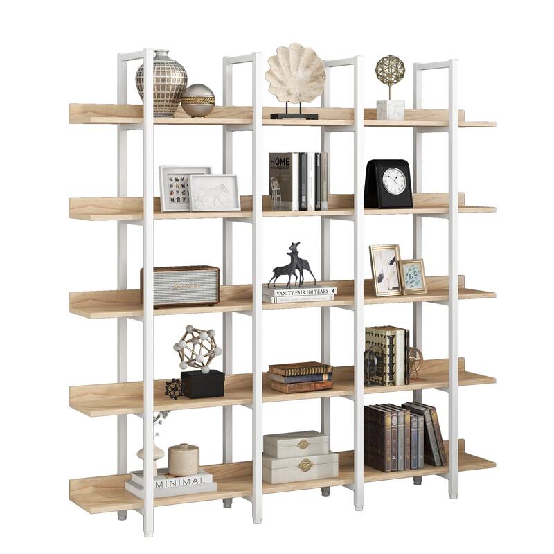 5 Tier Bookcase Home Office Open Bookshelf, Vintage Industrial Style Shelf, MDF Board, Black Metal Frame