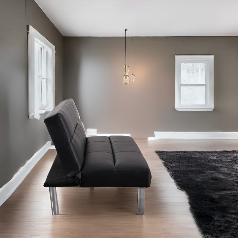 Modern Faux Leather Futon Sofa Bed - Convertible Folding Couch with Chrome Legs, Small Reclining Sofa