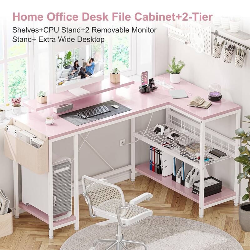 L Shaped Computer Desk with Power Outlets & LED Light, 49.6" Reversible Corner Computer Desk