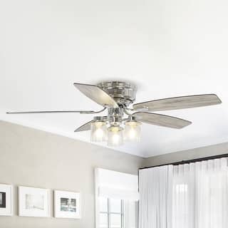 52" Tranistional Glass 3-Light Low Profile Flush Mount Ceiling Fan Chandelier with Remote
