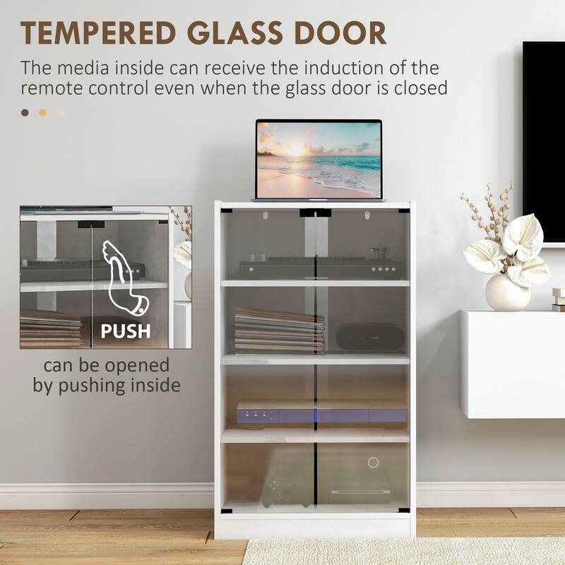 4-Tier Media Cabinet with Adjustable Shelves and Tempered Glass Doors