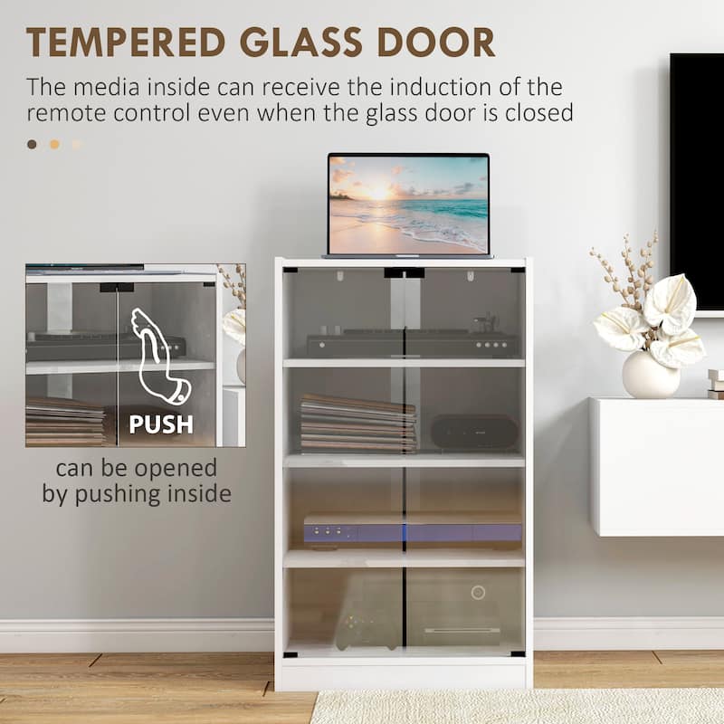 HOMCOM Media Cabinet, 4-Tier Stereo Cabinet, Modern Audio Video Media Stand with Adjustable Shelves, Tempered Glass Doors