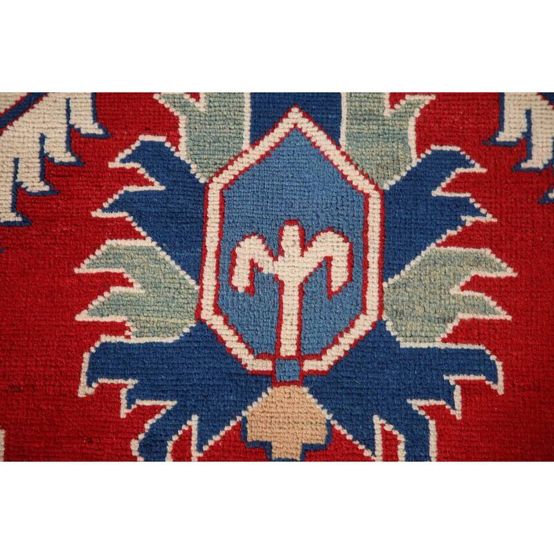 Geometric Red Kazak Accent Rug Handmade Traditional Wool Carpet - 3'4"x 4'11"