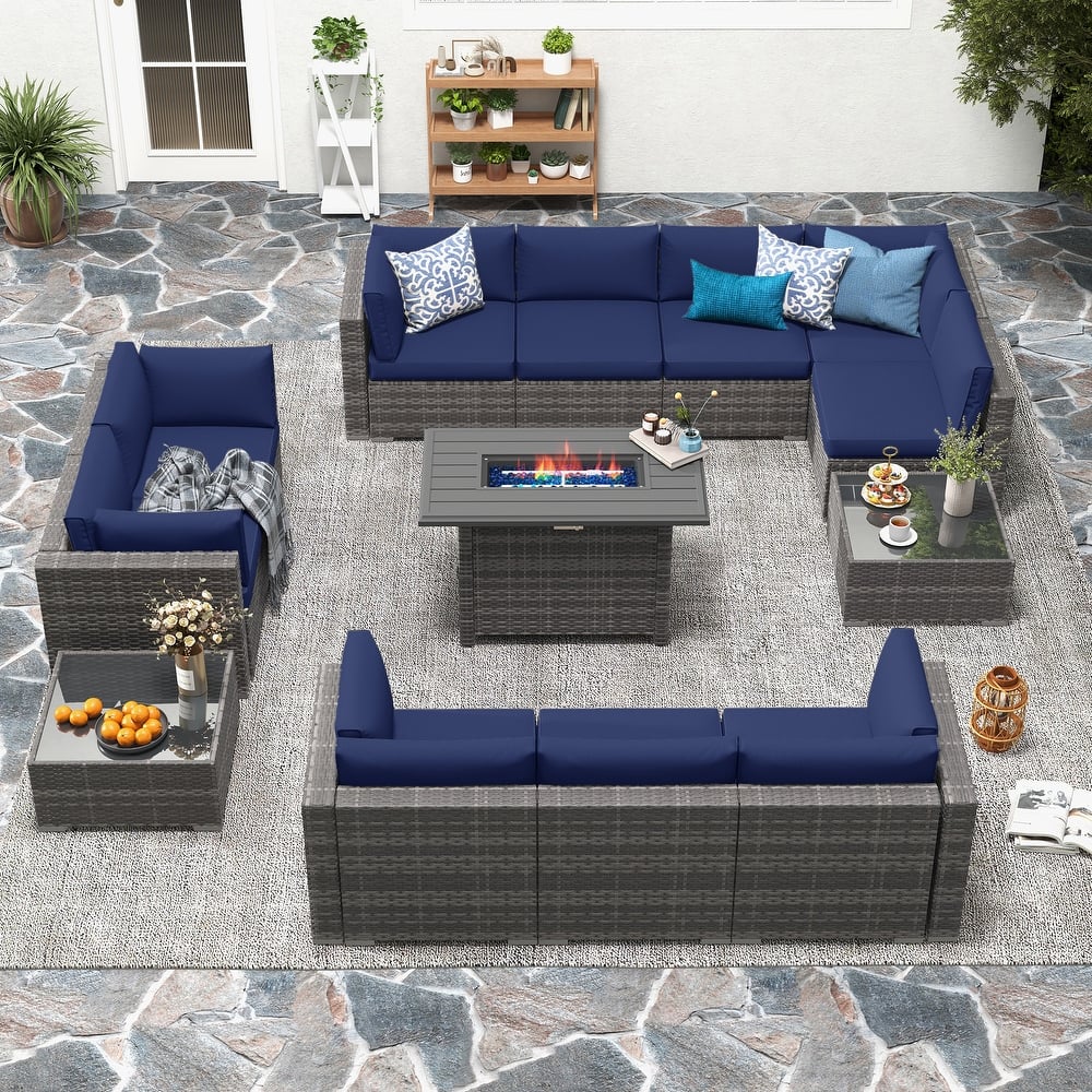 13 Piece Wicker Set Patio Sofa Furniture with Fire Pit And Table