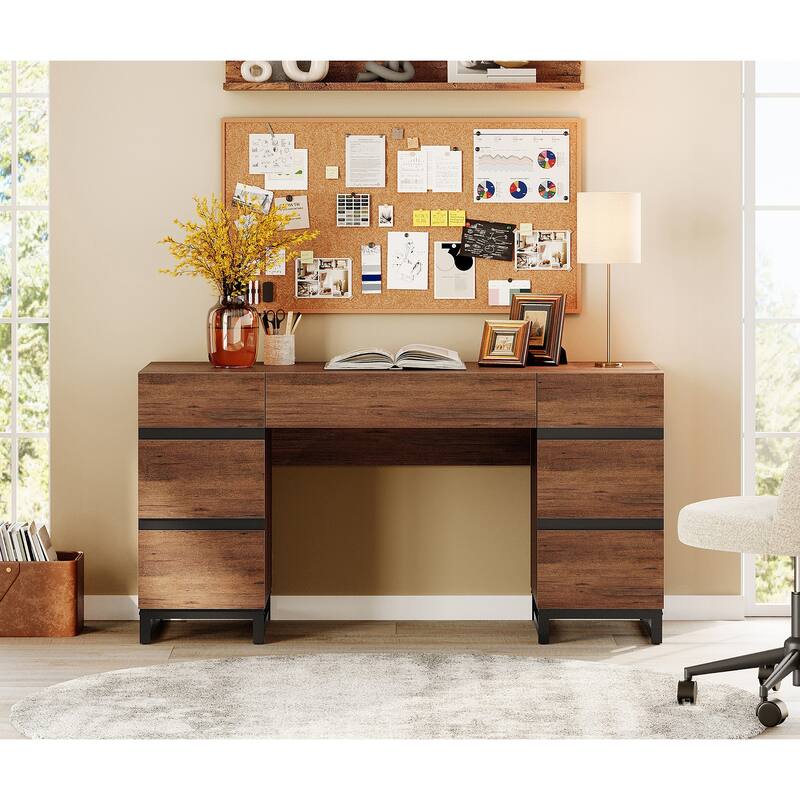 WAMPAT 59in Modern Executive Desk with Charging Station & Drawers and 2 PCS 72in Tall Bookcases with Storage Cabinet.