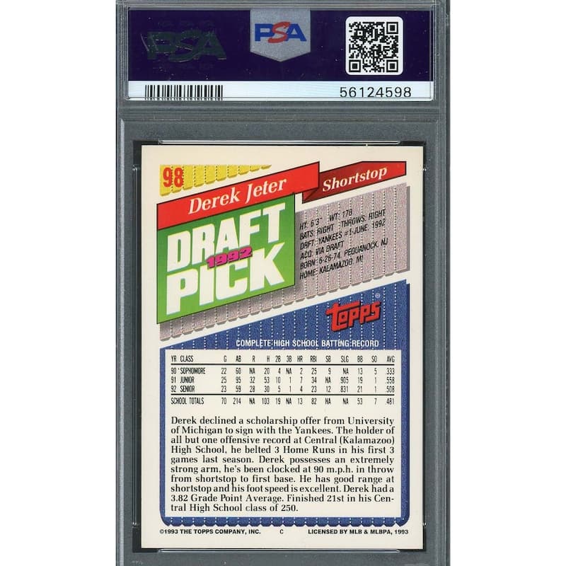 Derek Jeter 1993 Topps Gold Baseball Rookie Card RC #98 Graded PSA 8 - 8'6" x 11'6"
