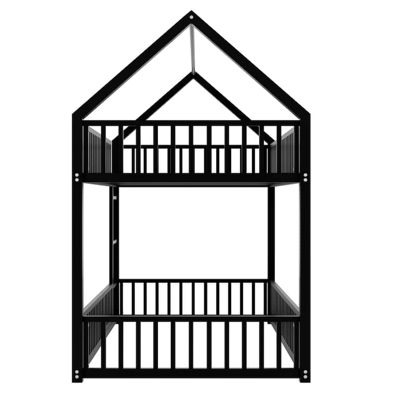 Twin over Twin Metal Bunk Bed with Play Door & Fence Design (250lb Capacity)