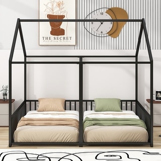 2 In 1 Metal Floor Beds,Twin Size House Shaped Bed Frame,2 Shared Beds