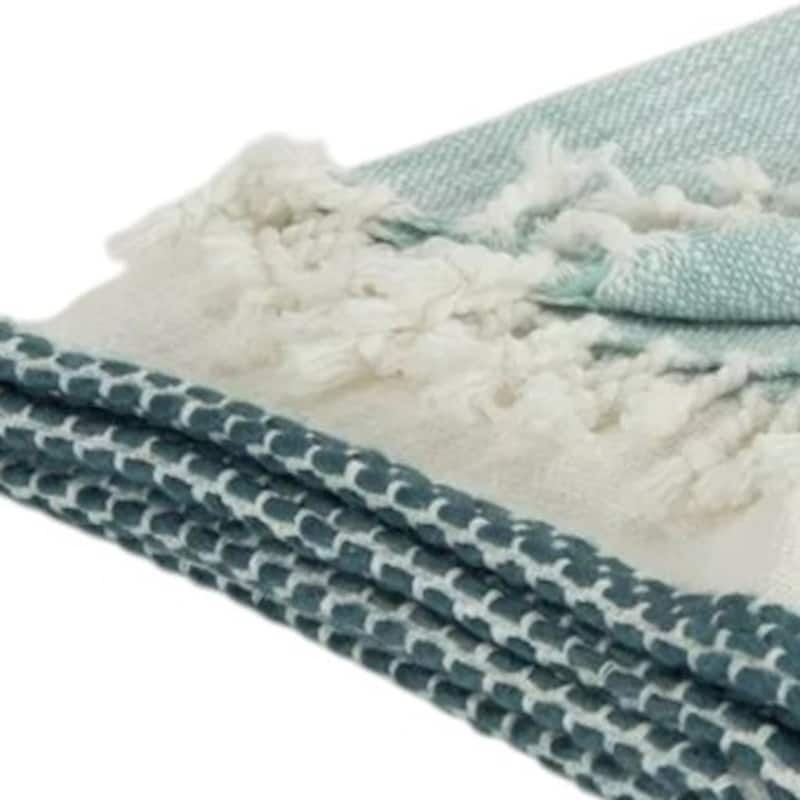 HomeRoots 50" X 60" Teal Blue And Ivory Color Block Cotton Throw Blanket with Fringe