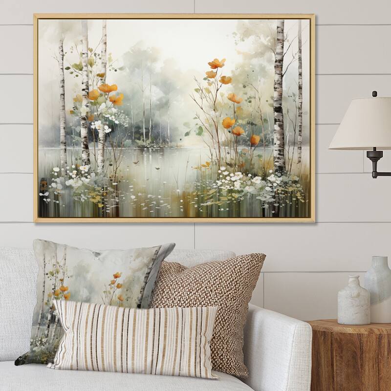 Designart "Minimalism Forest Woods I" Landscapes Framed Wall Art Living Room - 32 in. wide x 24 in. high - Natural