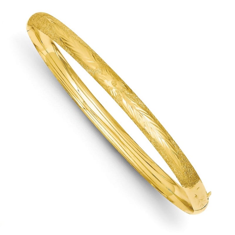 Curata 14k Yellow Gold Satin Hollow Safety bar Sparkle-Cut 5mm Florentine Engraved Hinged Bangle Bracelet