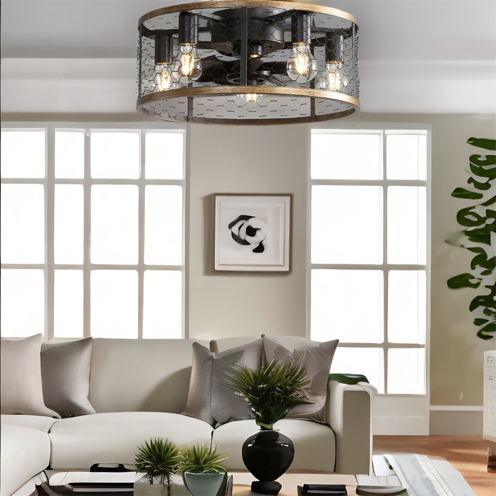 20 Inch Industrial Caged Ceiling Fan,Remote Control,Small Flush Mount