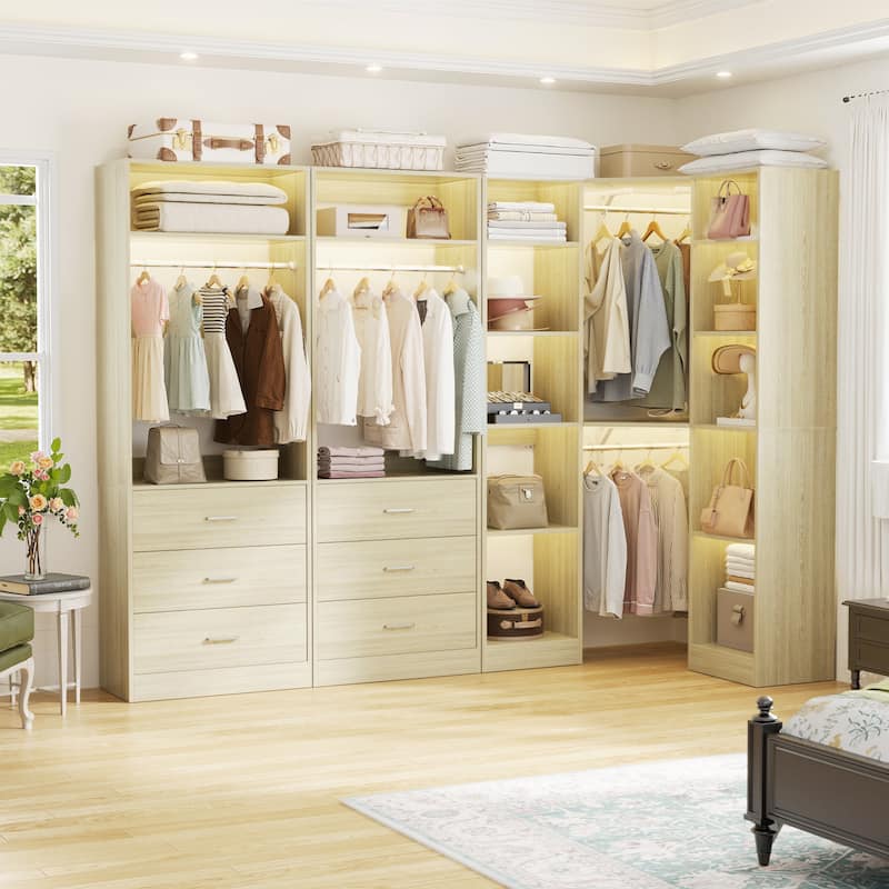 Corner Closet System with 6 Drawers & 4 Hanging Rods,Set of 3,Reversible Walk-in Closet Organizer System with Adjustable Shelves