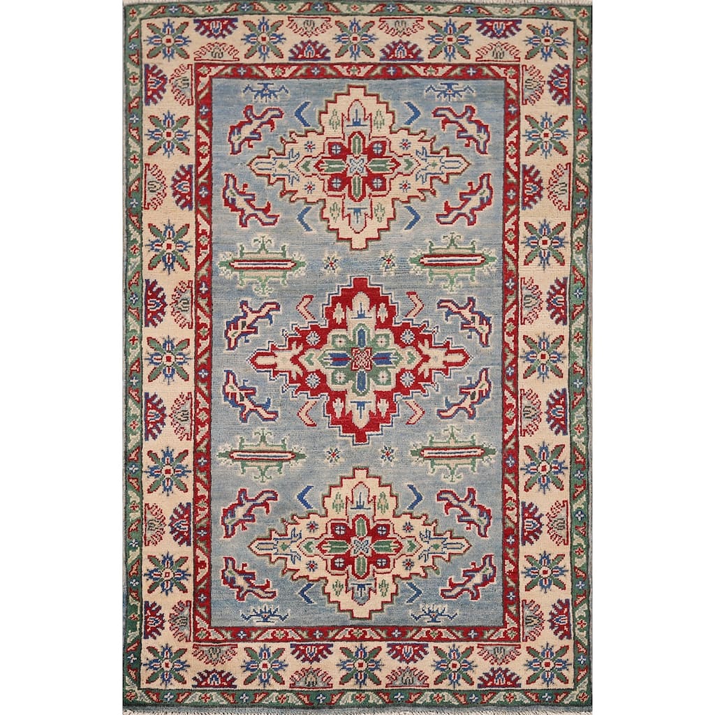 Light Blue Traditional Kazak Foyer Rug Hand-Knotted Wool Carpet - 3'3" x 4'11"