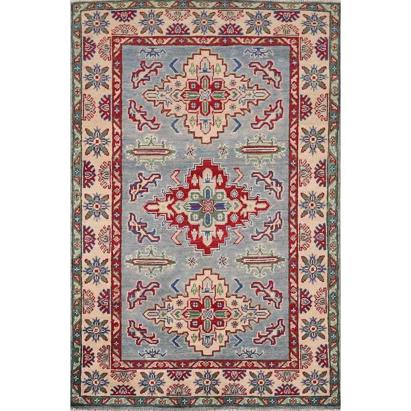 Light Blue Traditional Kazak Foyer Rug Hand-Knotted Wool Carpet - 3'3" x 4'11"